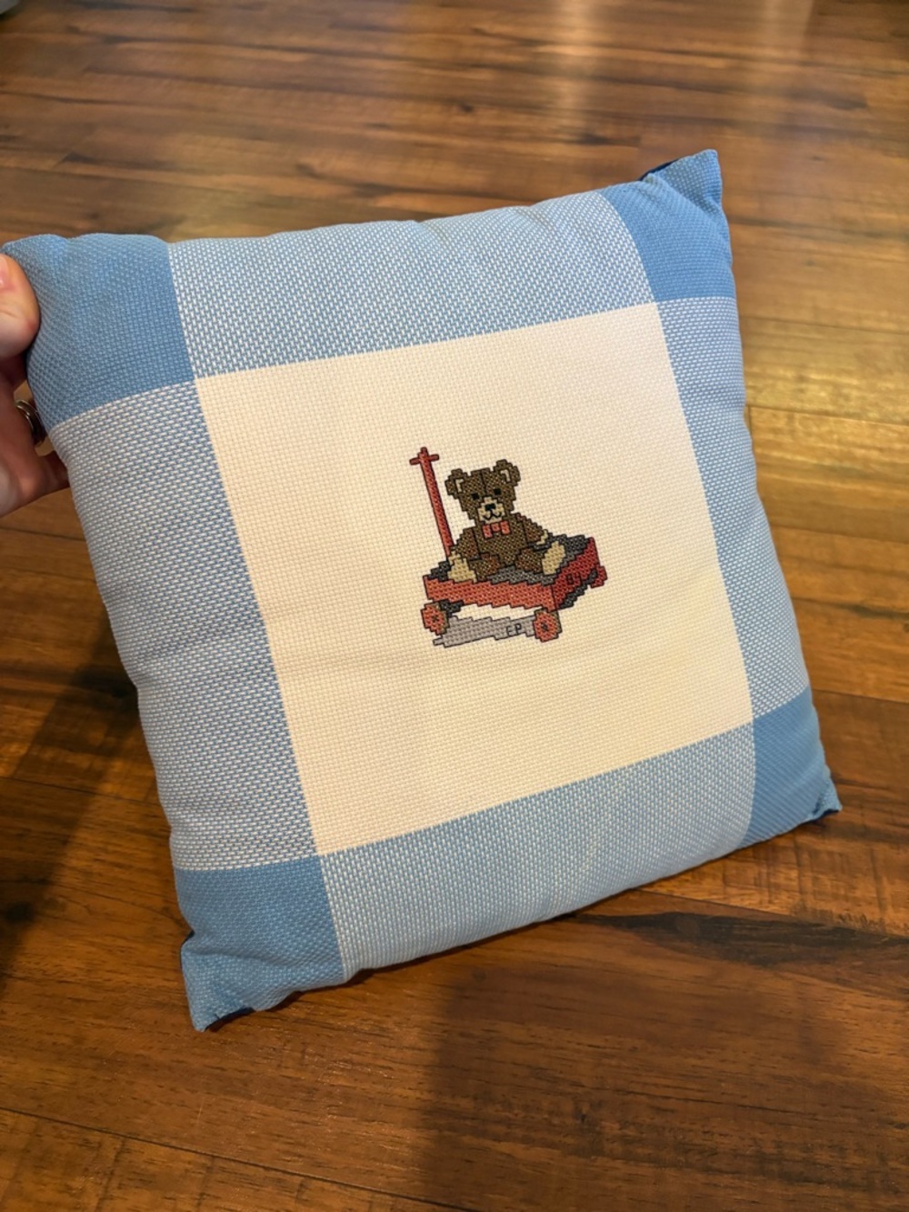 Handmade Needlepoint Pillow Baby Blue Brown Bear Nursery Vibes